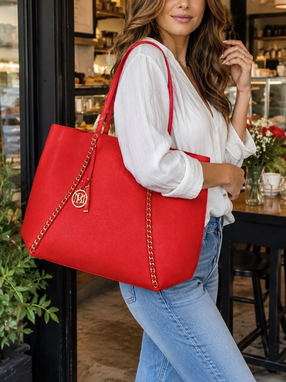 Badgley Mischka Red Decorative Chain Tote Bag NWT MSRP $139 - Picture 3 of 8